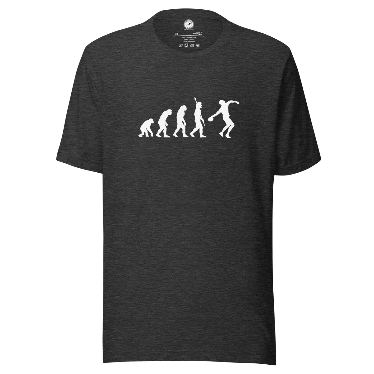 Funny Discus Throw T-shirt: Human Evolution dark grey heather