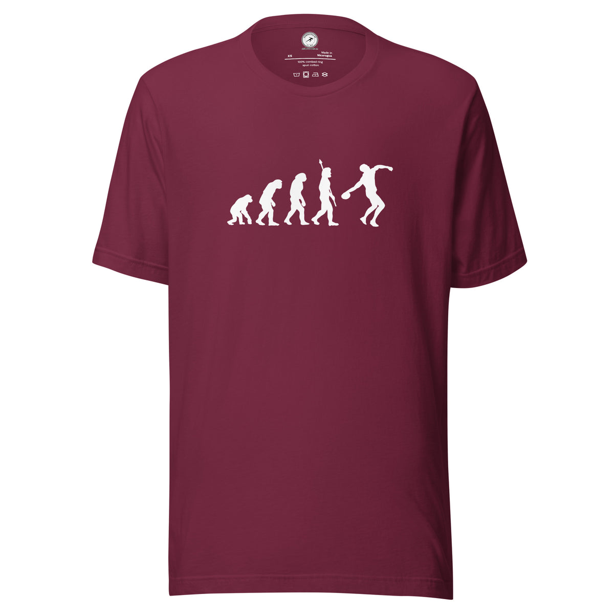 Funny Discus Throw T-shirt: Human Evolution maroon