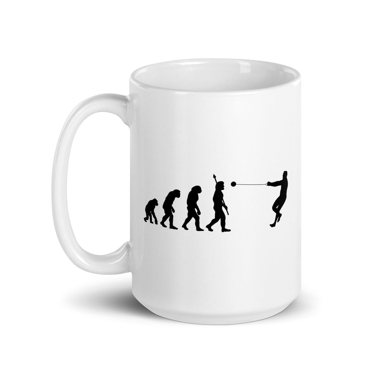 Funny Hammer Throw Mug: Human Evolution handle on left