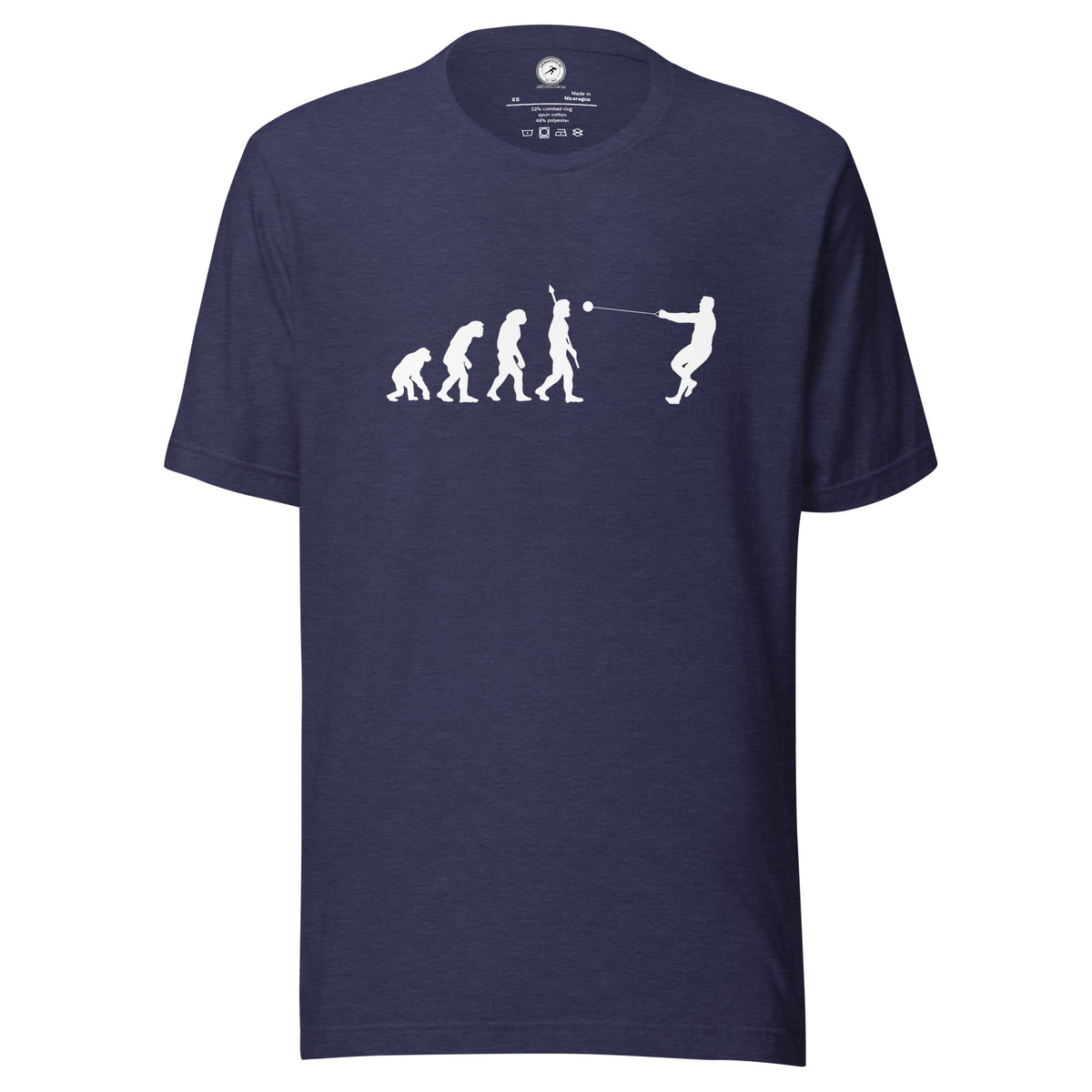 Funny Hammer Throw T-shirt: Human Evolution heather midnight navy