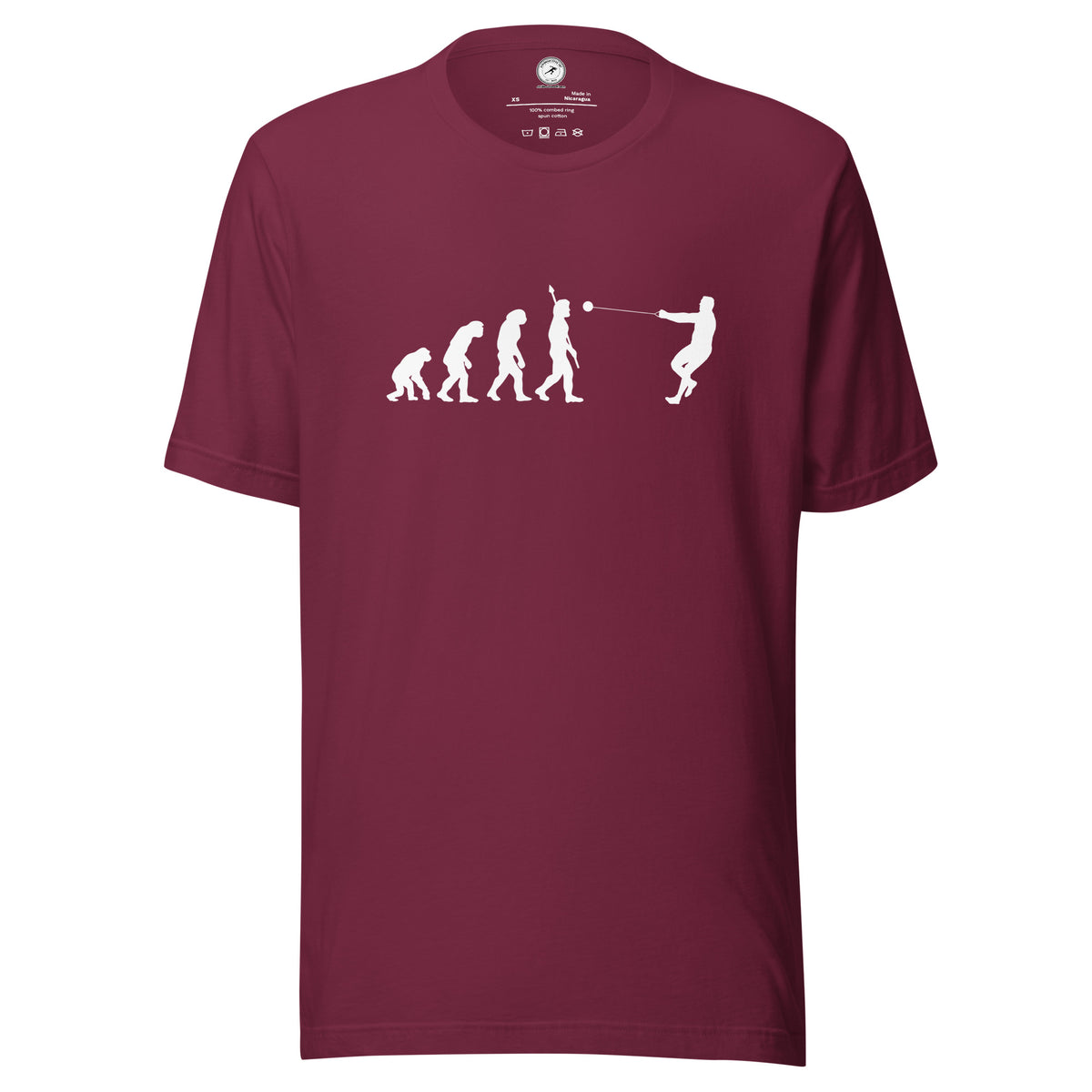 Funny Hammer Throw T-shirt: Human Evolution maroon