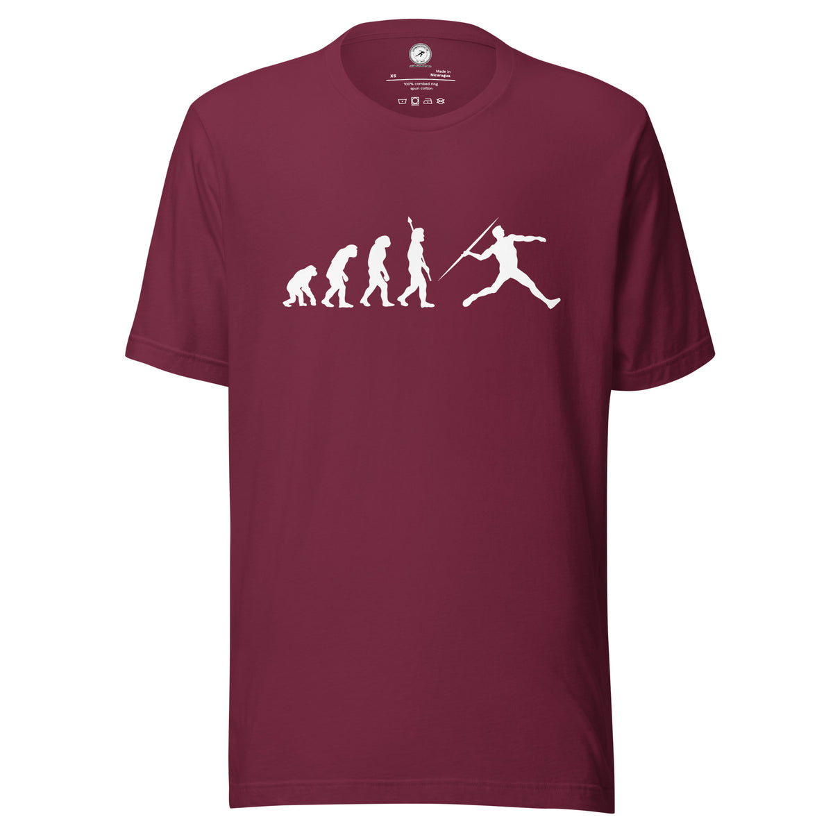 Funny Javelin Throw T-shirt: Human Evolution maroon