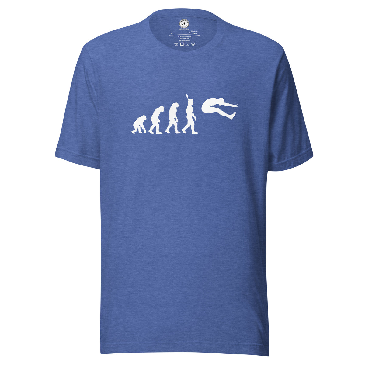 Funny Long Jump T-shirt: Human Evolution heather true royal