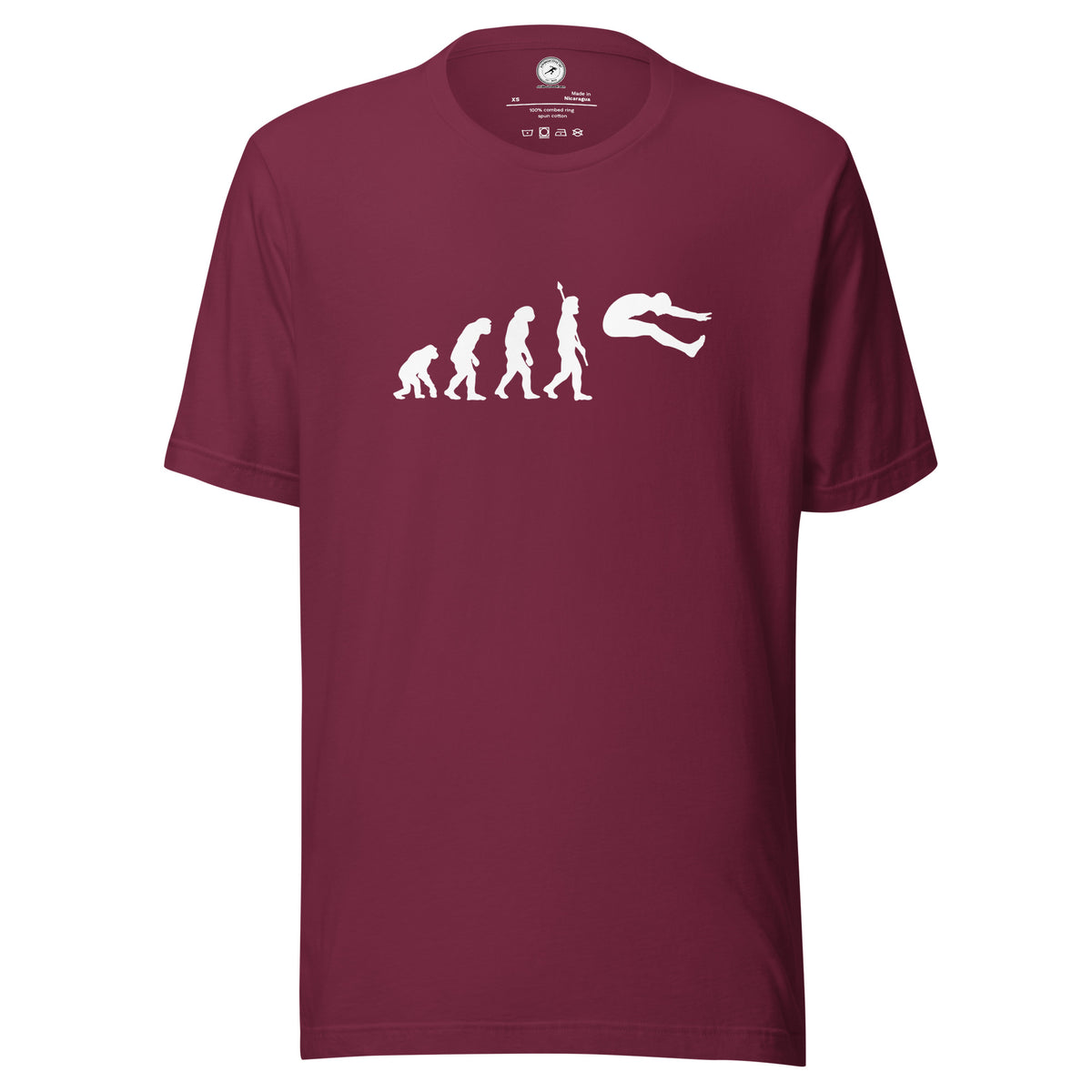 Funny Long Jump T-shirt: Human Evolution maroon
