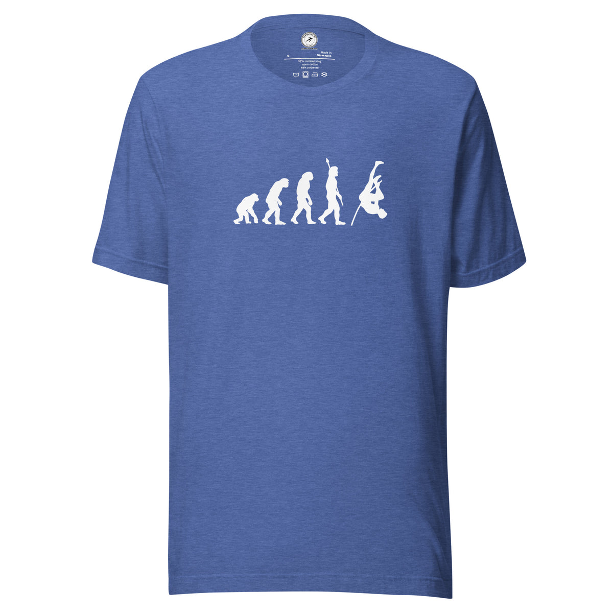 Funny Pole Vault T-shirt: Human Evolution heather true royal